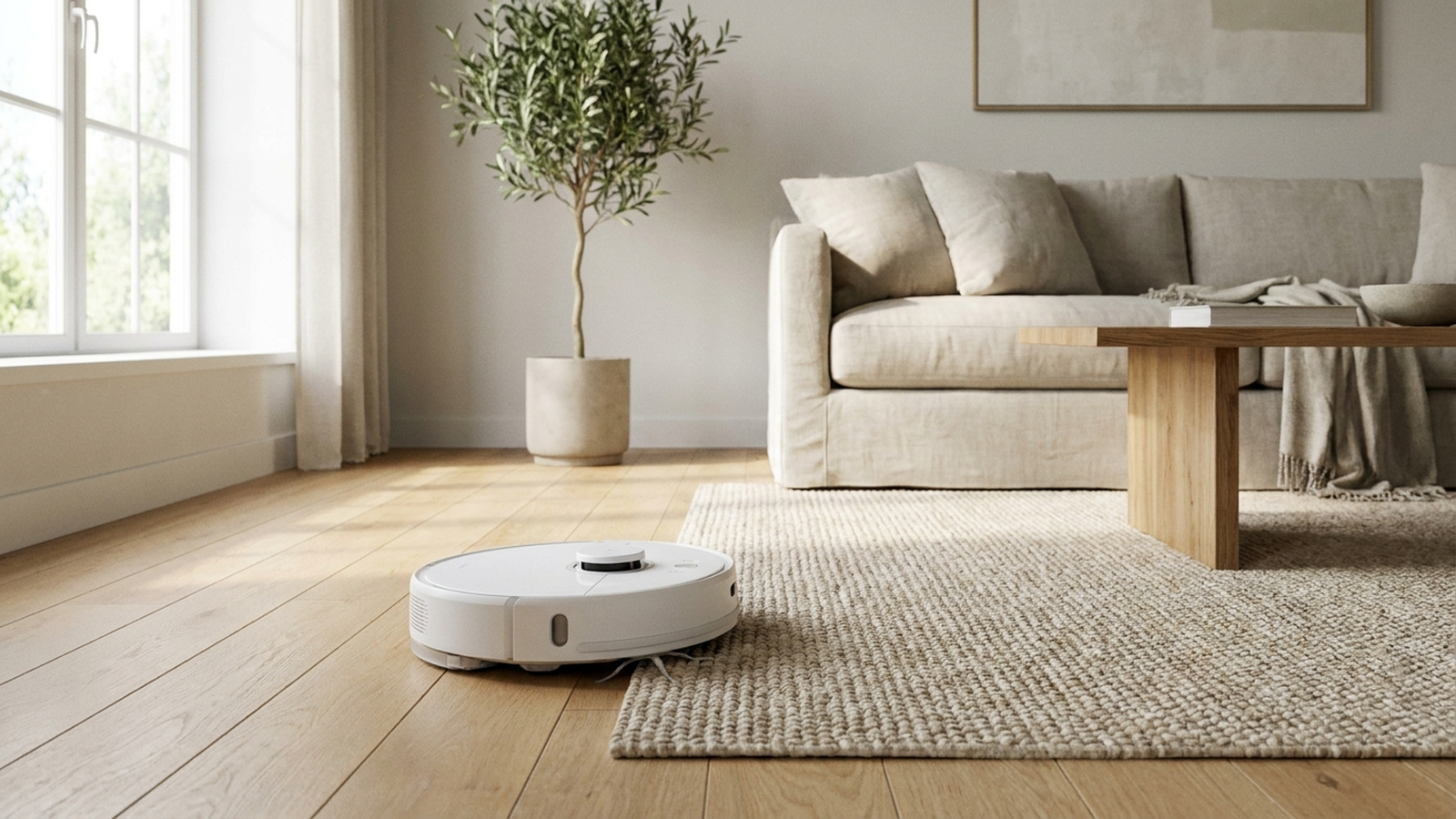 A robot vacuum cleaning a hardwood living room floor near a rug edge, neutral daylight, no people