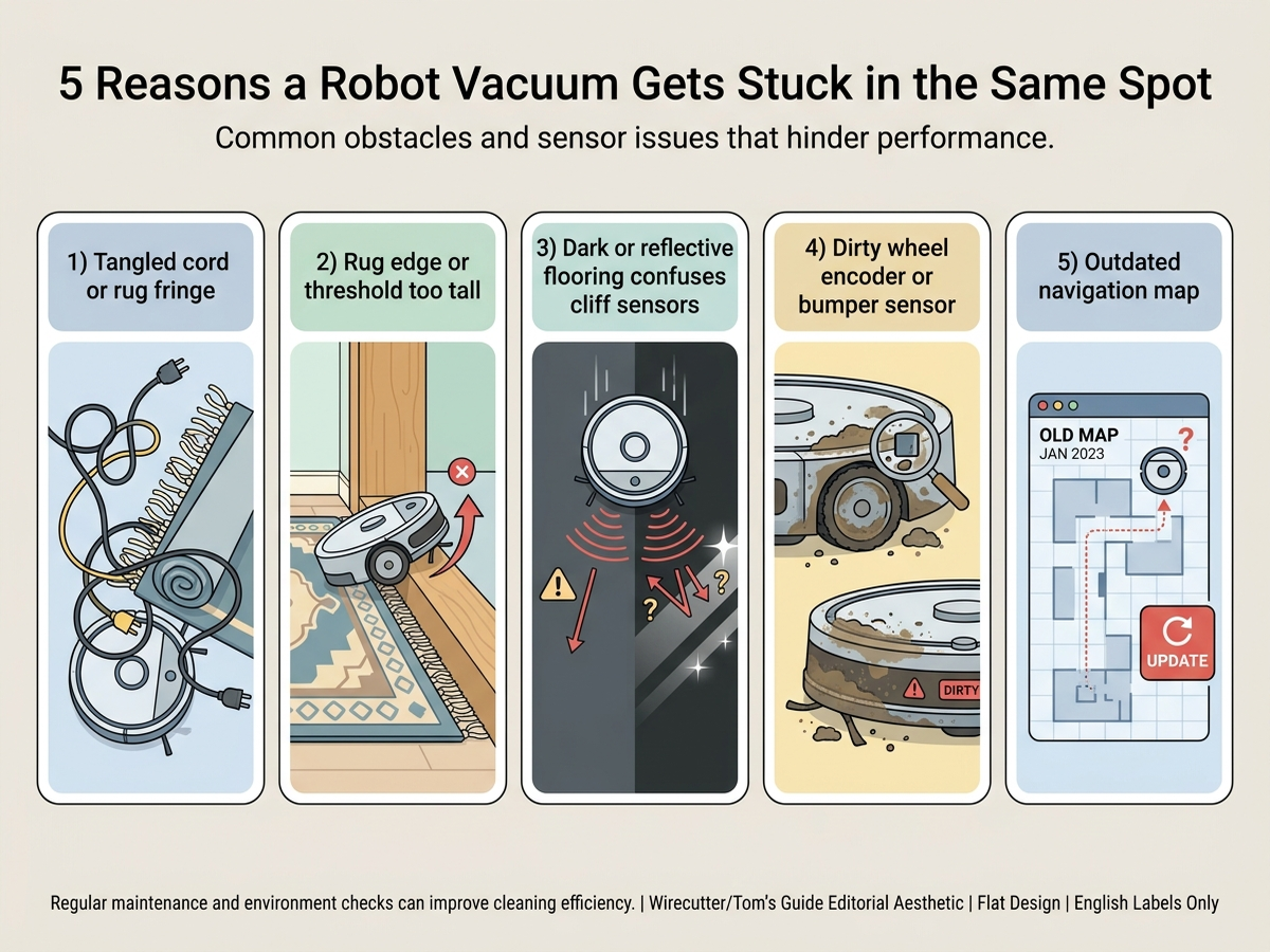 Flat infographic showing five causes of a robot vacuum getting stuck in the same spot: tangled cord or rug fringe, rug edge or threshold too tall to climb, dark or reflective flooring confusing cliff sensors, dirty wheel encoder or bumper sensor, and outdated navigation map