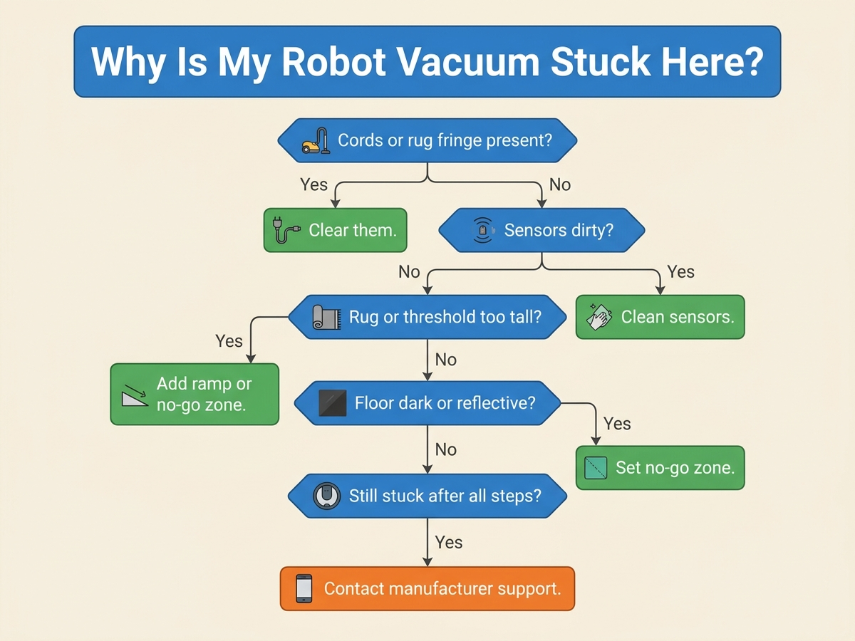 Decision-tree flowchart for diagnosing a robot vacuum stuck in the same spot: check for cords and rug fringe, check sensor cleanliness, check rug or threshold height, check flooring reflectivity, and when to remap or contact support