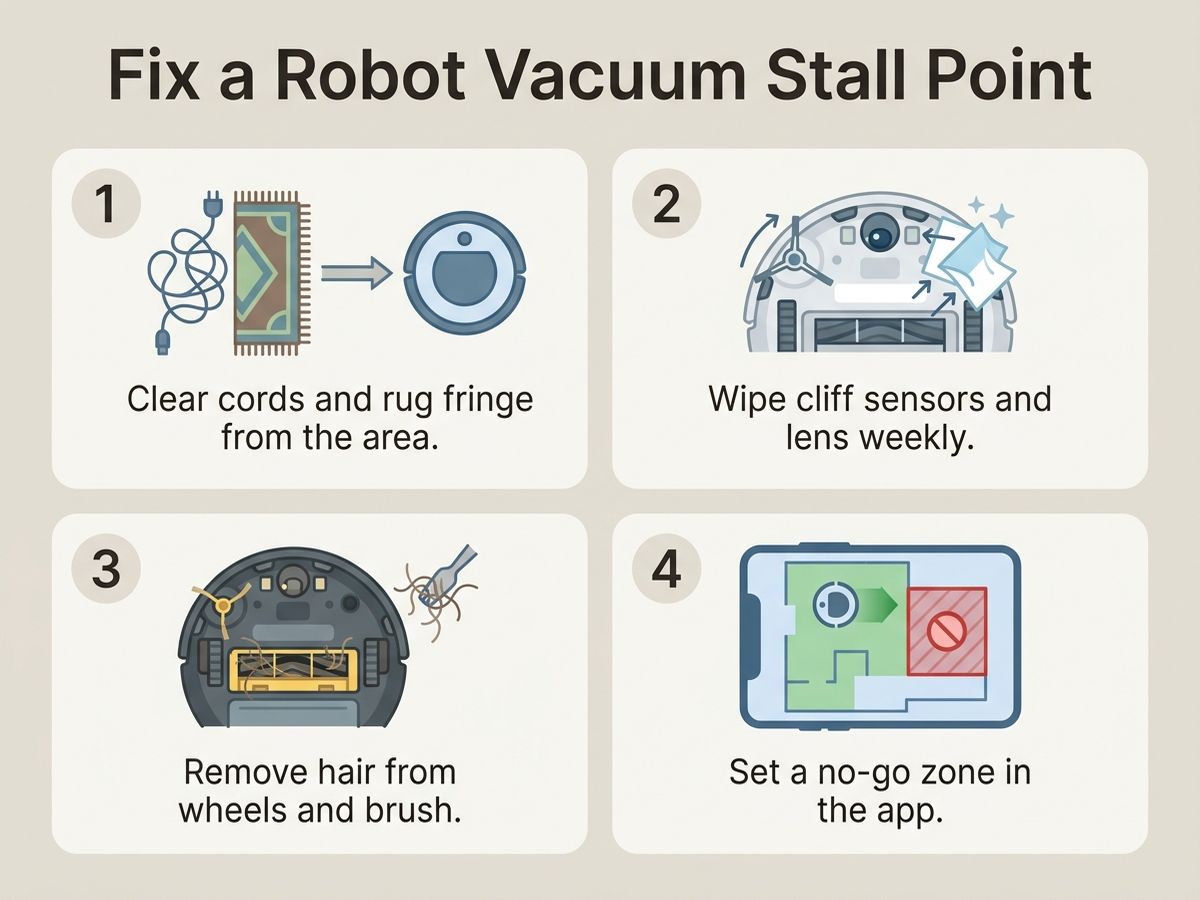 Flat how-to diagram showing four maintenance steps for a robot vacuum stall point: clear cords and rug fringe from the area, wipe cliff sensors and camera lens weekly, remove hair from wheels and brush, set a no-go zone in the app around the trouble spot