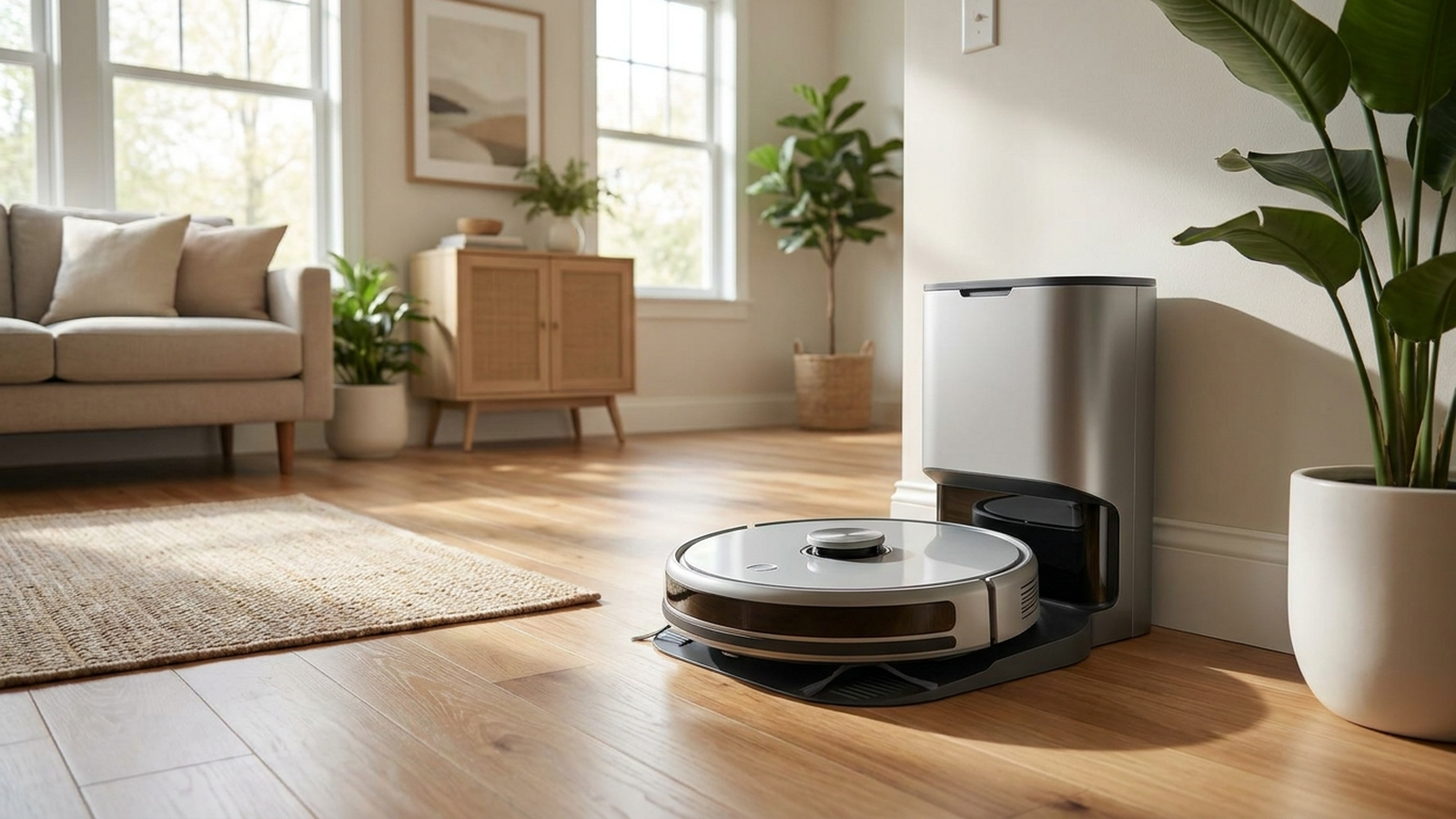 A robot vacuum resting on its dock in a bright living room with hardwood floors and a rug
