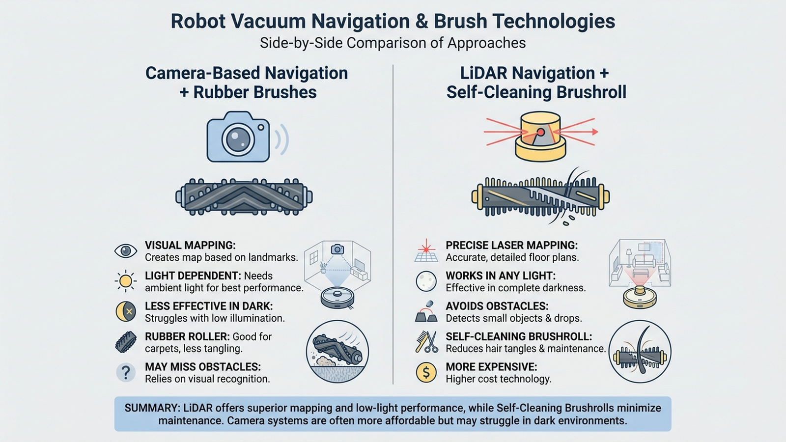 Infographic comparing iRobot Roomba's camera-based navigation and rubber brush design against Shark's LiDAR navigation and self-cleaning brushroll