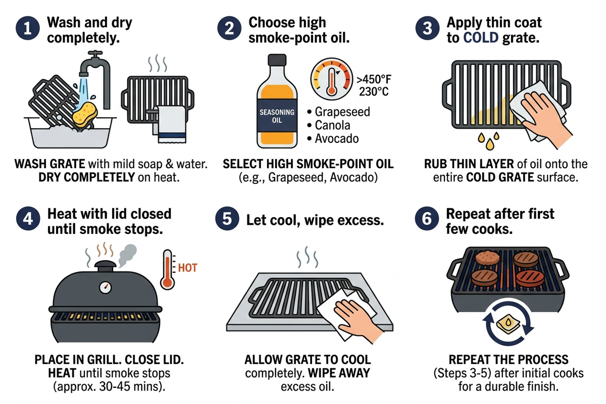 Step-by-step seasoning process for bare cast iron grill grates: wash, dry, oil cold grates, heat until smoke stops, cool, wipe excess