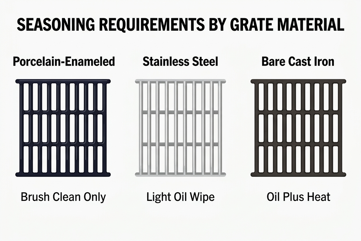 Comparison of seasoning requirements for porcelain-enameled, stainless steel, and bare cast iron gas grill grates