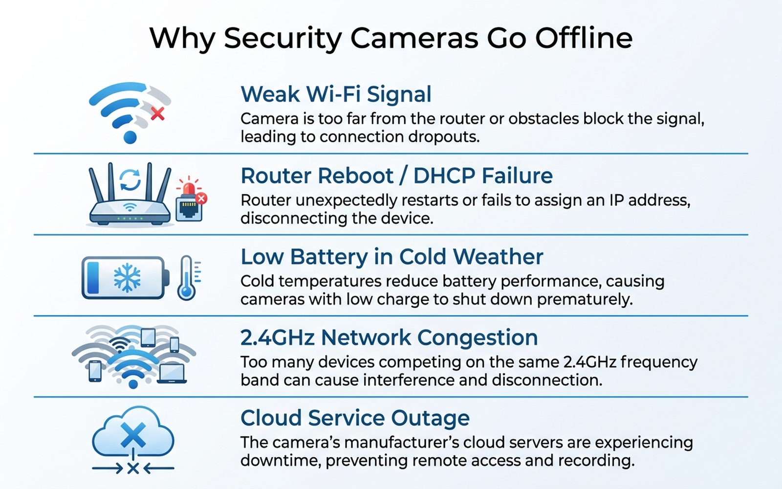 Flat infographic showing five reasons a security camera keeps going offline: weak Wi-Fi signal, router reboot or DHCP failure, low battery in cold weather, 2.4GHz network congestion, and cloud service outage