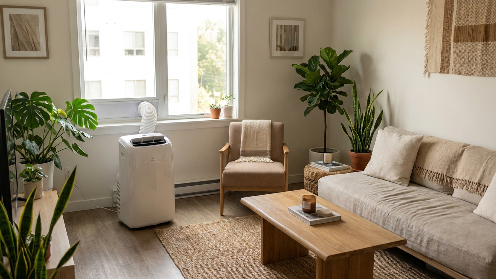 A white portable air conditioner venting through a window kit in a small, plant-filled apartment living room