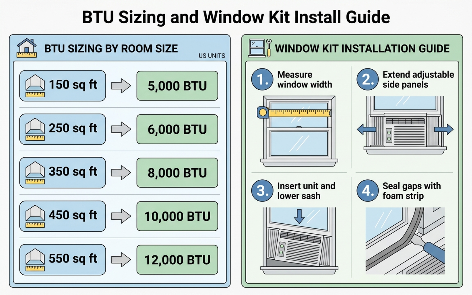 Flat infographic showing BTU sizing by room square footage and four steps for window kit installation
