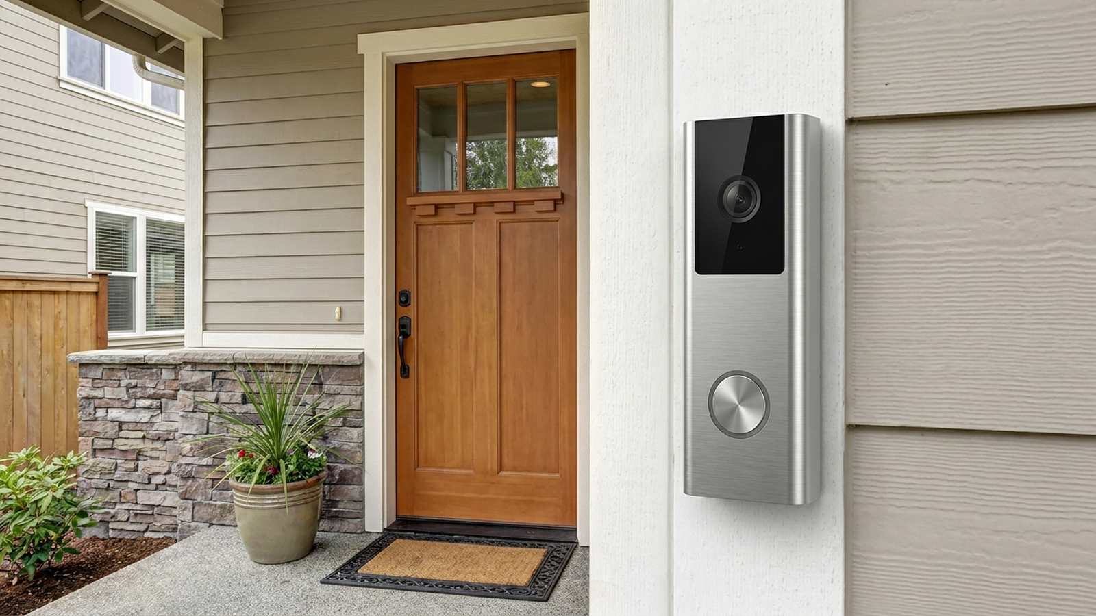 A video doorbell mounted beside a front door, no people, neutral daylight