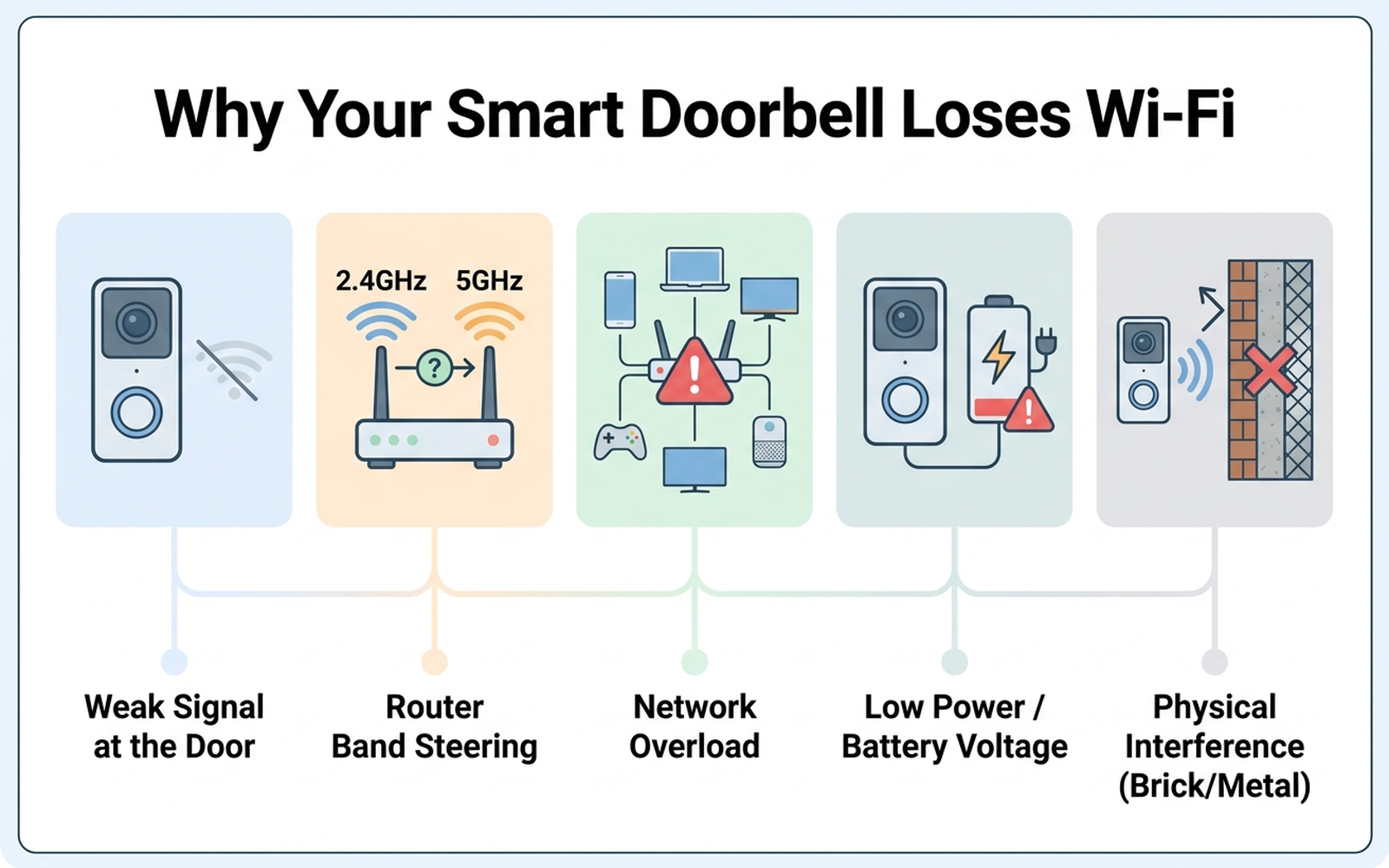 Flat infographic showing five causes of smart doorbell Wi-Fi dropouts: weak signal at the door, router band steering, network overload, low power or battery voltage, and physical interference from metal or brick