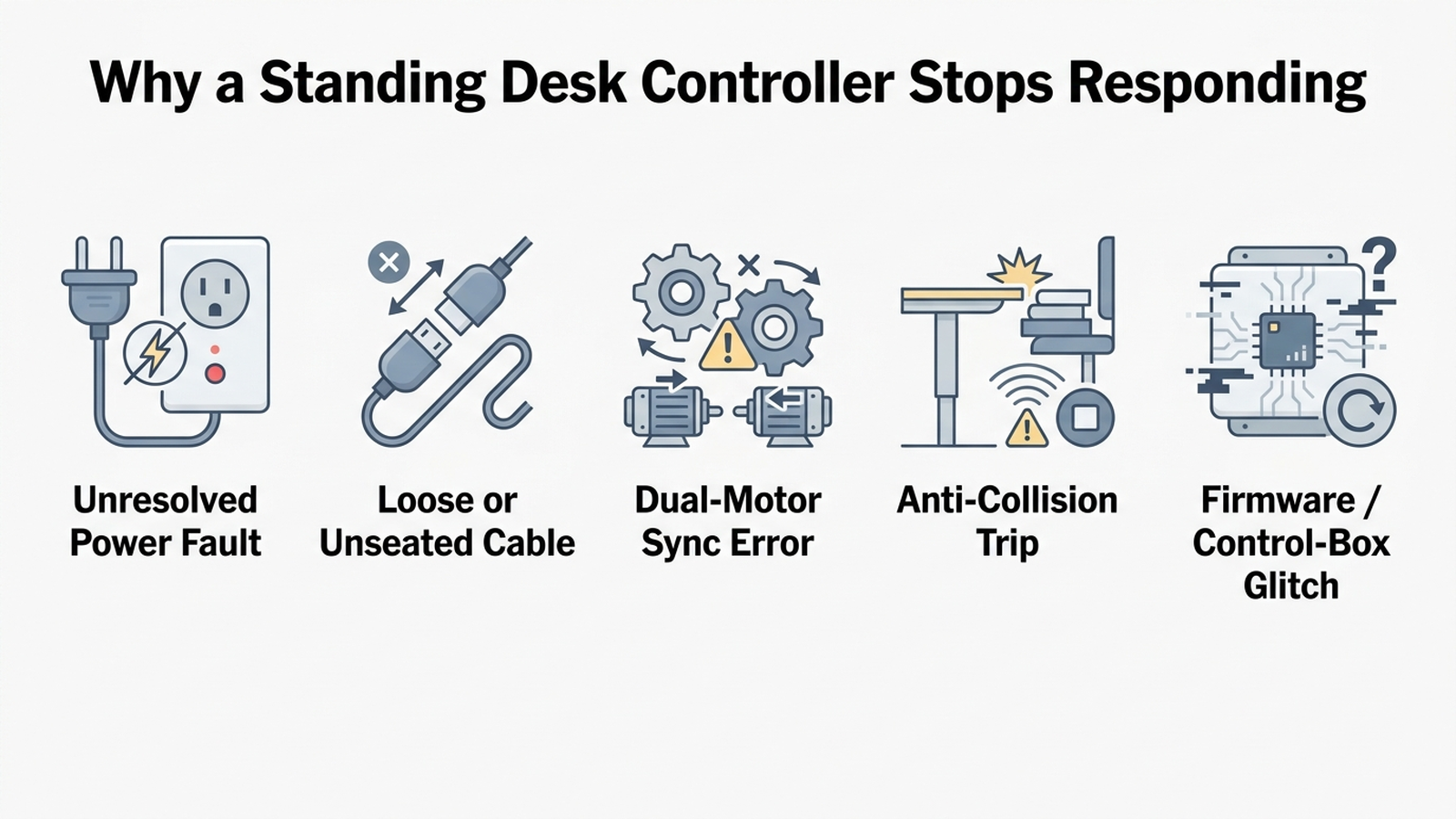 Flat infographic showing five causes of a standing desk keypad becoming unresponsive: unresolved soft power fault, loose or unseated cable, dual-motor sync error code, anti-collision safety trip, and firmware or control-box glitch