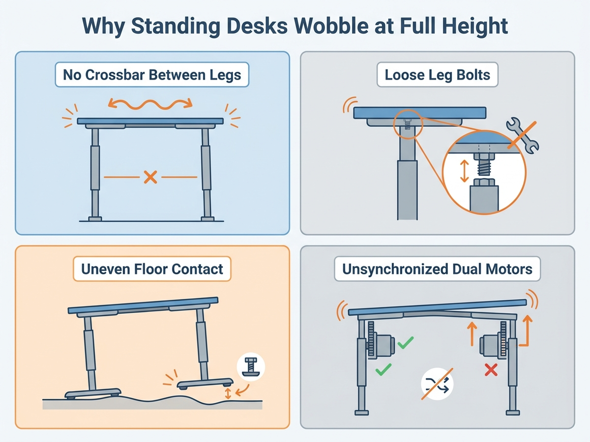 Flat-design infographic showing four causes of standing desk wobble: no crossbar between legs, loose leg bolts, uneven floor contact, and unsynchronized dual motors, each illustrated with a simple side-view diagram