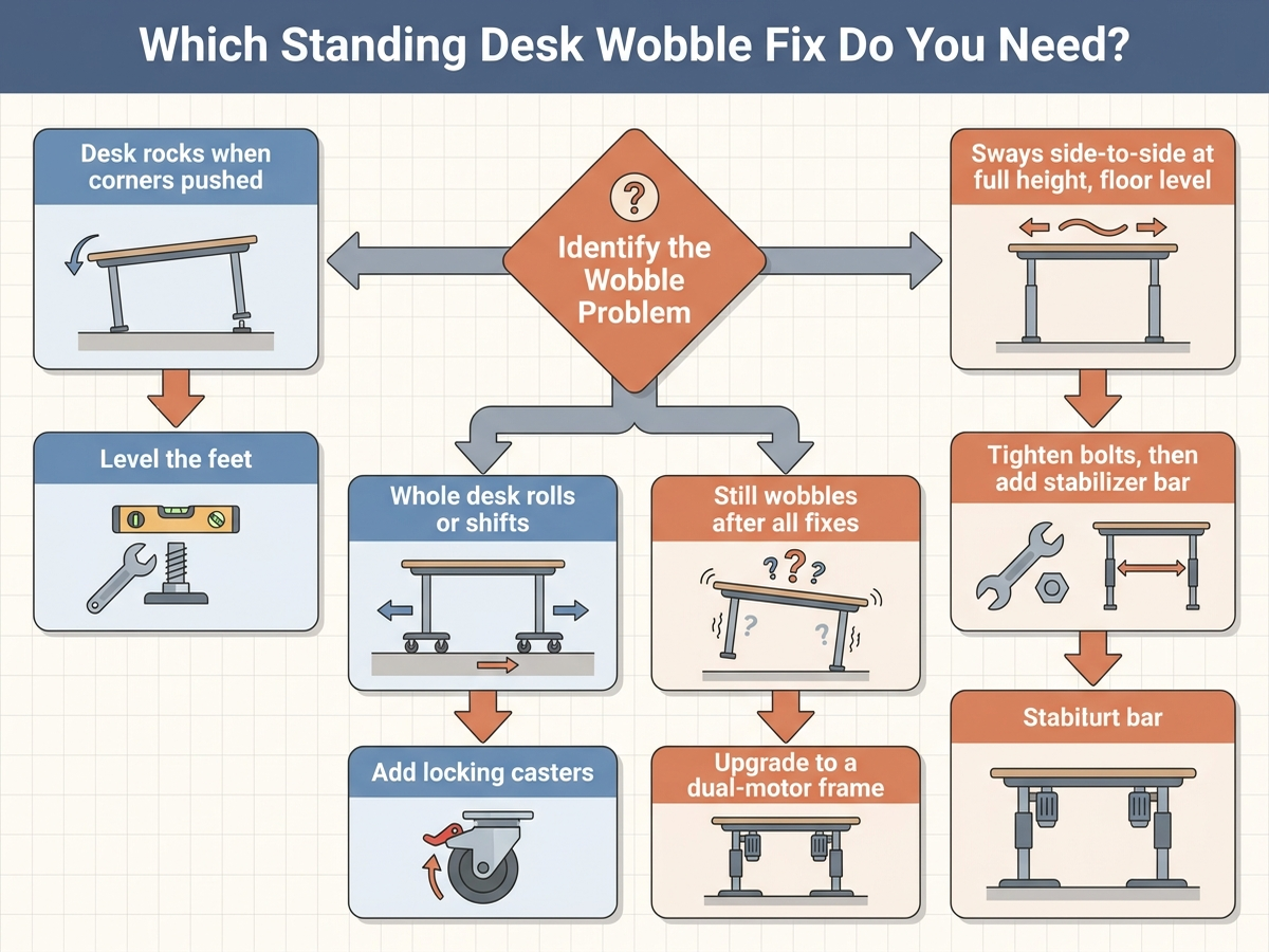 Decision flowchart titled Which Standing Desk Wobble Fix Do You Need, branching from whether the desk rocks on the floor, wobbles side to side, or shifts position entirely