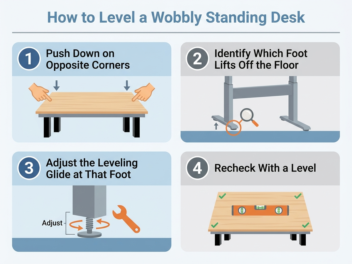 Flat-design how-to infographic with four numbered steps for diagnosing and fixing an uneven standing desk: push opposite corners, identify the lifted foot, adjust leveling feet, and recheck with a level, using US inch measurements