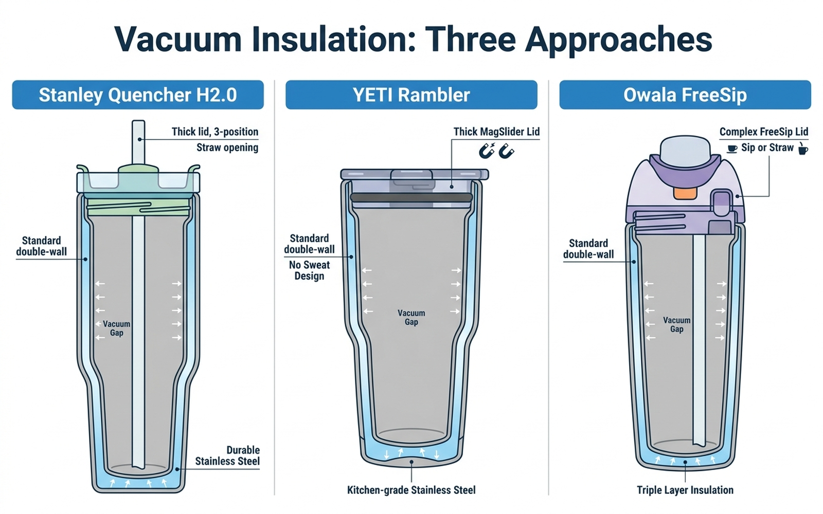 Flat infographic comparing three insulated tumbler cross-sections and lid designs: Stanley Quencher H2.0, YETI Rambler, and Owala FreeSip