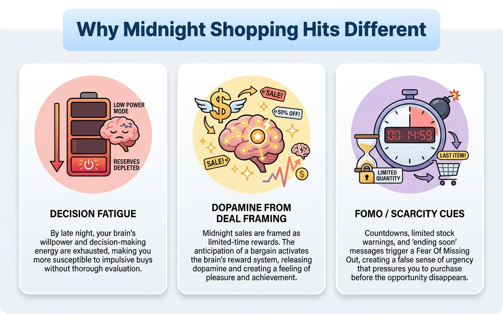 Infographic showing three reasons late-night shopping triggers more impulse buys: decision fatigue depleting self-control, dopamine response to deal framing, and isolation reducing social self-monitoring