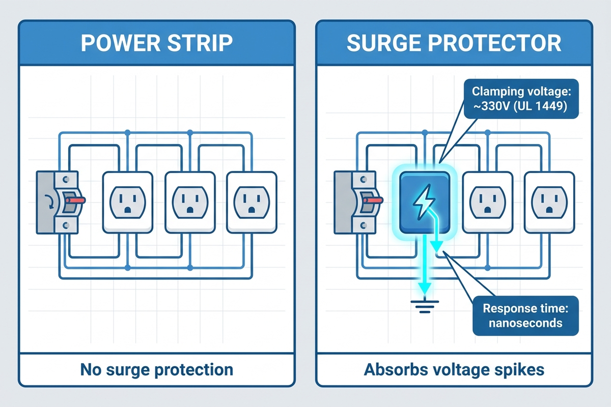 Infographic comparing a plain power strip circuit (wires, breaker only) against a surge protector circuit (adds MOV, joule rating, indicator light), with a callout on clamping voltage and response time