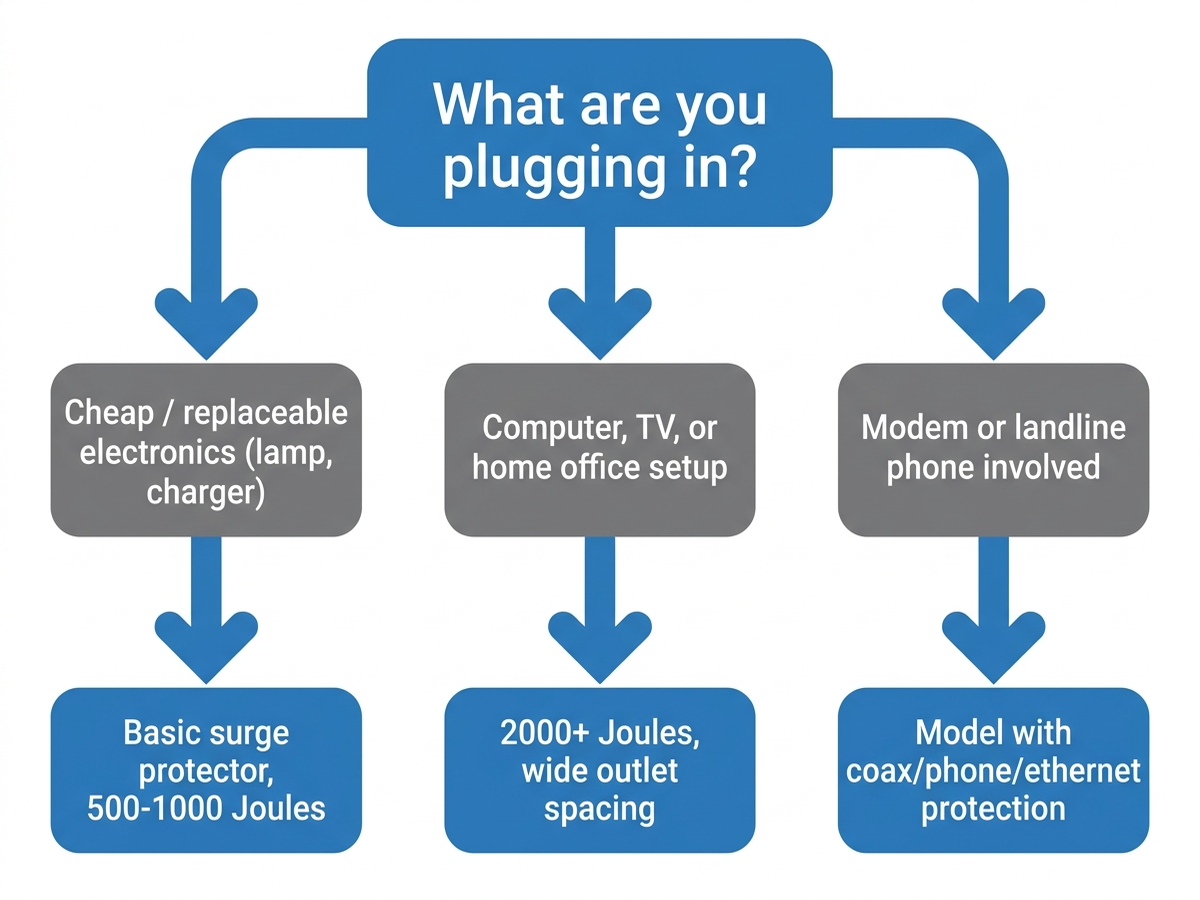 Flowchart guiding a reader: what are you plugging in? Cheap/replaceable electronics leads to a basic surge protector 500-1000J; computer, TV, or home office leads to 2000J+ with wide spacing; modem or landline in the mix leads to a model with coax/phone/ethernet protection like the APC P11VNT3