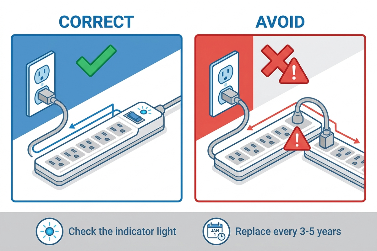 Diagram showing correct use: one surge protector plugged directly into a wall outlet, versus incorrect use: two power strips daisy-chained together with a warning symbol, plus a callout on checking the LED indicator and a 3-5 year replacement reminder