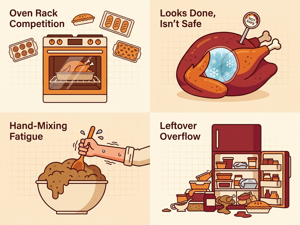 Flat infographic showing four Thanksgiving kitchen bottlenecks: an oven with only one available rack, a turkey with a "done-looking" exterior but a cold center, a stand mixer bowl of unmixed pie dough, and a refrigerator with no room left for leftover containers