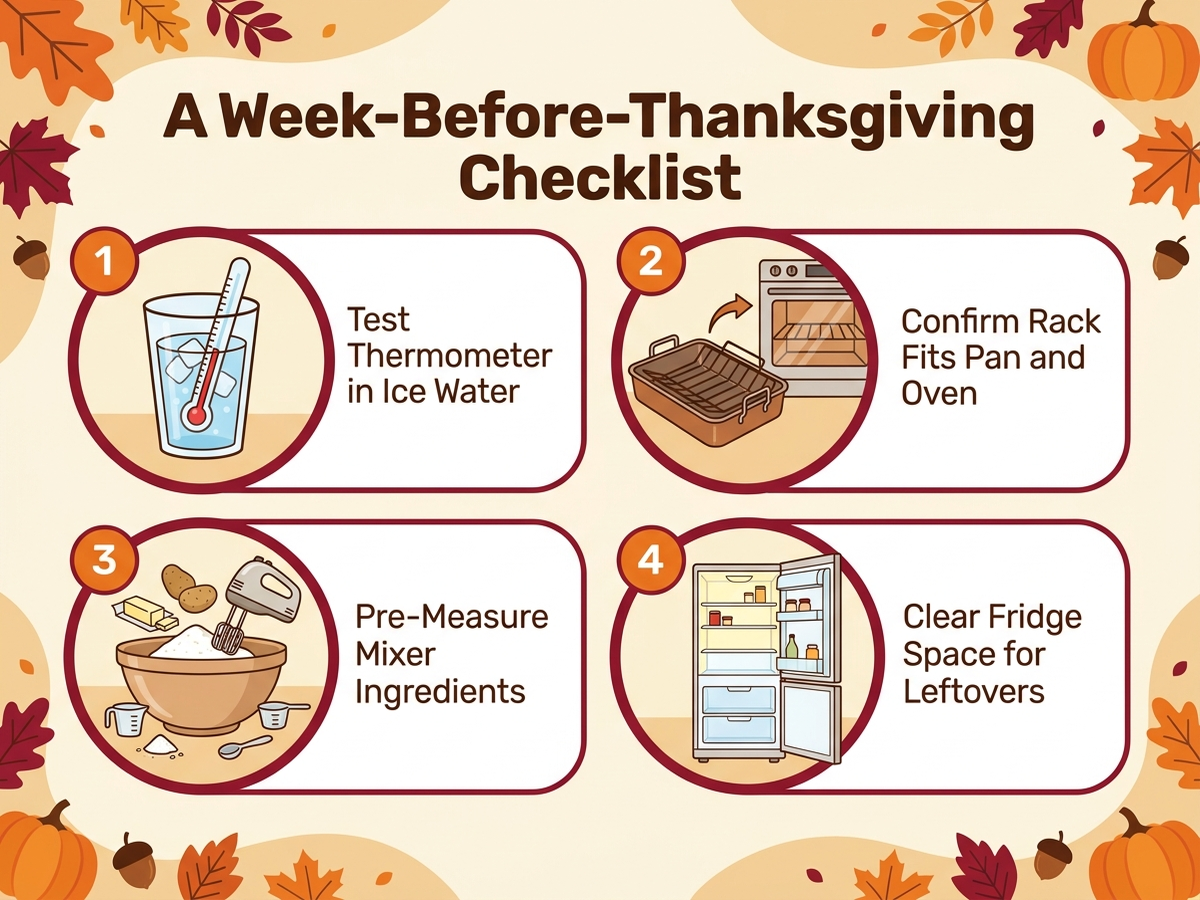 Flat infographic showing a week-before-Thanksgiving prep checklist: testing the thermometer on ice water for accuracy, positioning the roasting rack correctly, pre-measuring stand mixer ingredients, and clearing fridge space for leftover containers