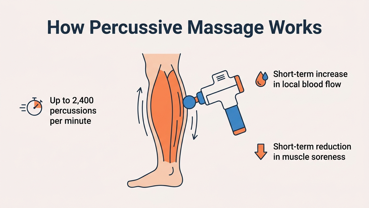 Flat infographic explaining percussive massage therapy: device head oscillates at a manufacturer-claimed rate of up to 2400 percussions per minute into muscle tissue, triggering short-term increases in local blood flow and short-term reductions in reported muscle soreness and stiffness