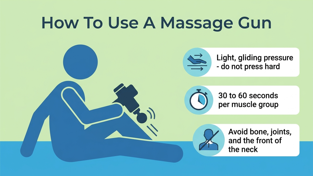 Flat how-to-use infographic showing proper massage gun technique: hold the device at a light, gliding pressure rather than pressing hard, move slowly over each muscle group for 30 to 60 seconds, avoid bone, joints, and the front of the neck
