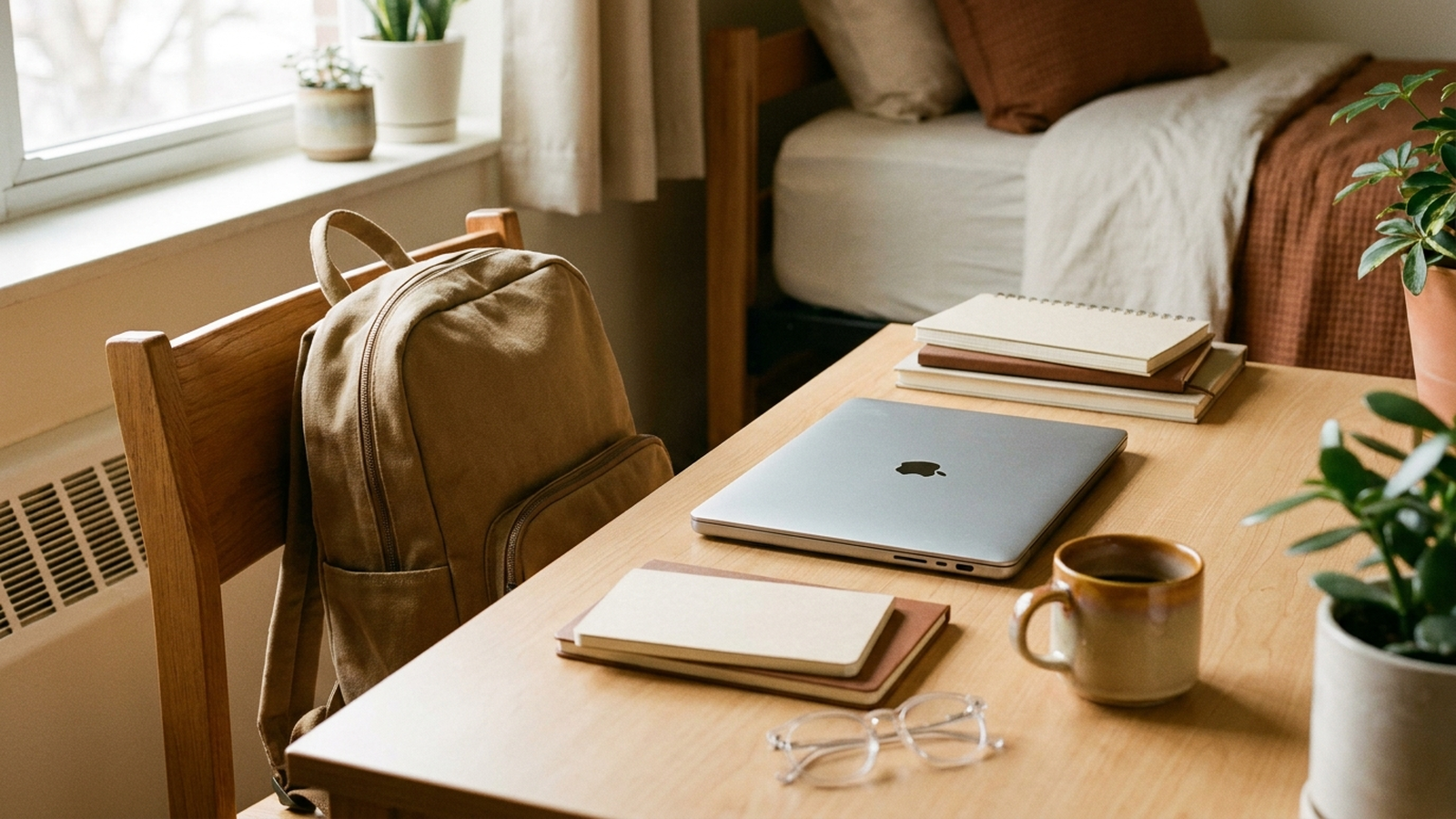 A tidy dorm desk with a closed laptop, a backpack leaning against the chair, a stack of notebooks, and a pair of glasses, soft natural window light, no text, no people