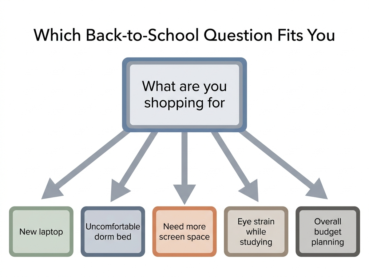 Decision flowchart helping a shopper pick which of ten back to school shopping questions applies to them, branching by category: buying a new laptop, upgrading a dorm bed, expanding screen space, protecting eyes during long study sessions, and general back to school budget planning, each pointing to the relevant question number above