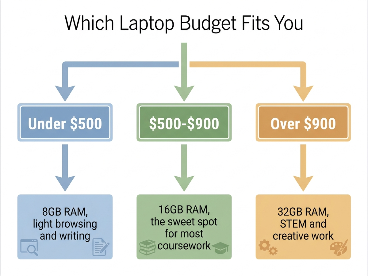 Infographic flowchart helping a student pick a laptop configuration, branching from budget under 500 dollars to 500 to 900 dollars to over 900 dollars, each branch showing a recommended RAM amount and use case, clean flat design, no people