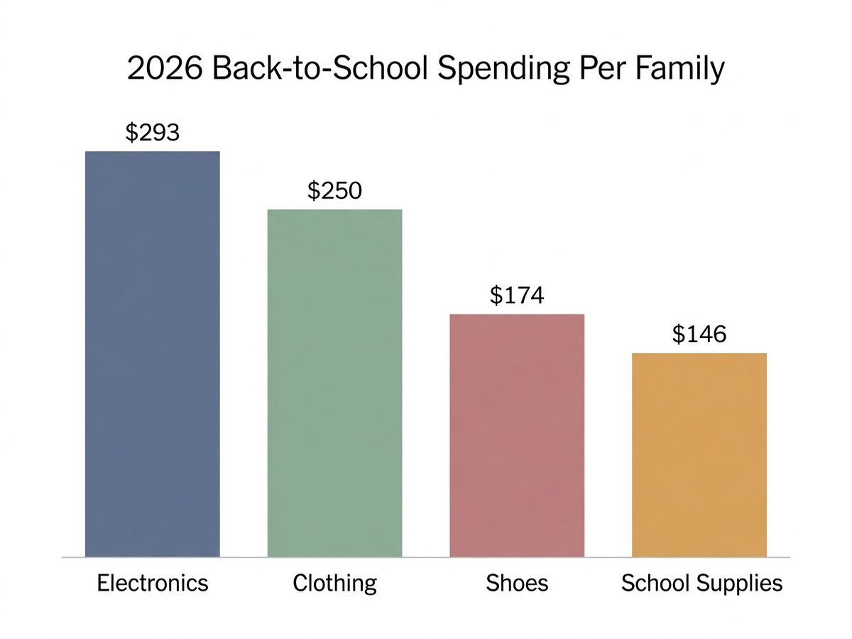 Bar chart infographic showing average 2026 back to school spending per family broken down by category in US dollars, electronics at 293 dollars, clothing and accessories at 250 dollars, shoes at 174 dollars, and school supplies at 146 dollars, clean flat infographic style, no photos