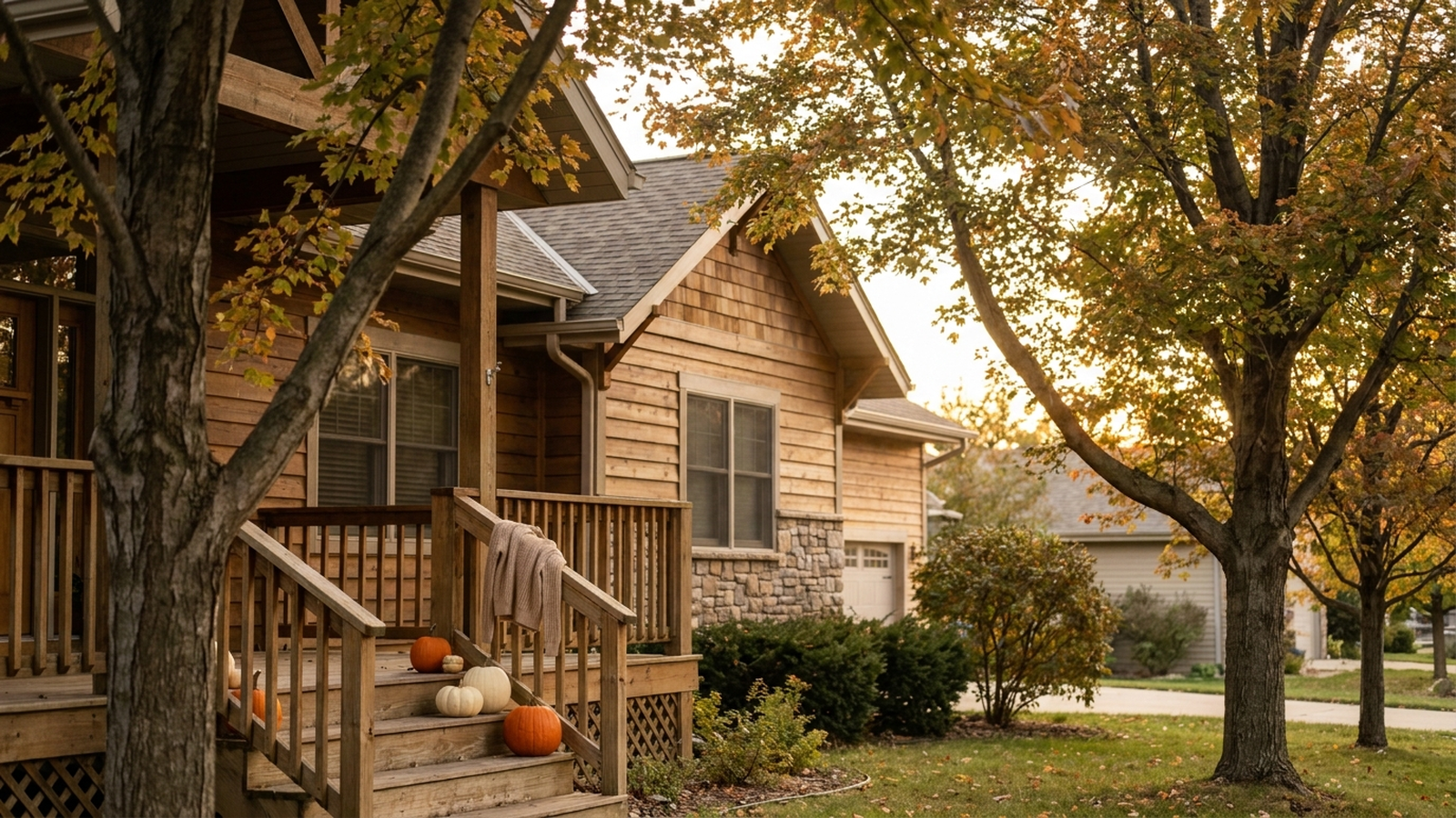 A quiet suburban American home exterior in early fall, a porch with a few pumpkins and a light sweater draped on a railing, deciduous trees just starting to turn orange and yellow, soft golden late-afternoon light, no text, no people