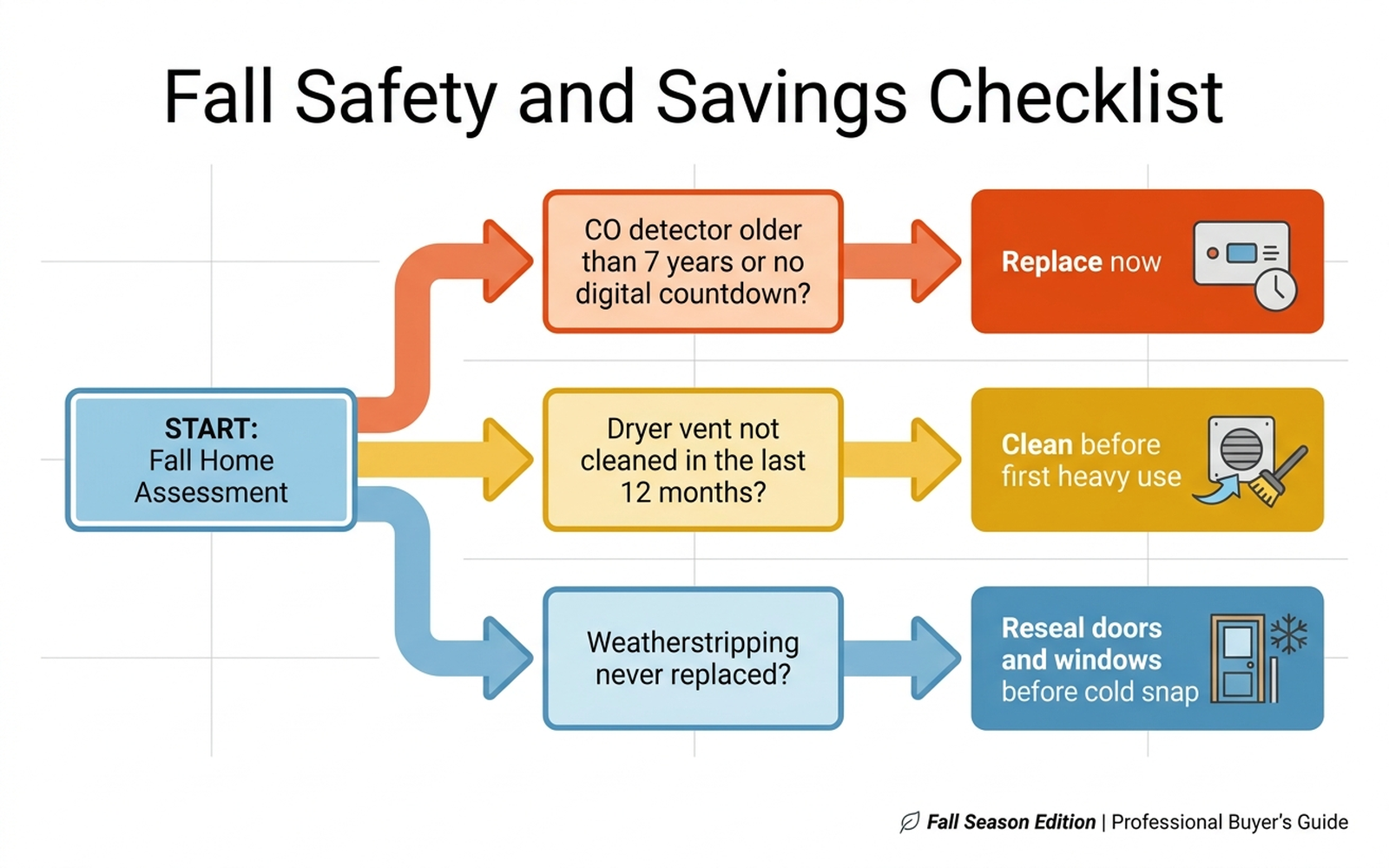 Flat-design decision-tree flowchart infographic titled Fall Safety and Savings Checklist, branching into CO detector older than 7 years leading to replace now, dryer vent not cleaned in 12 months leading to clean before first heavy use, and weatherstripping never replaced leading to reseal doors and windows before cold snap, clean flat vector style, no people, no photos