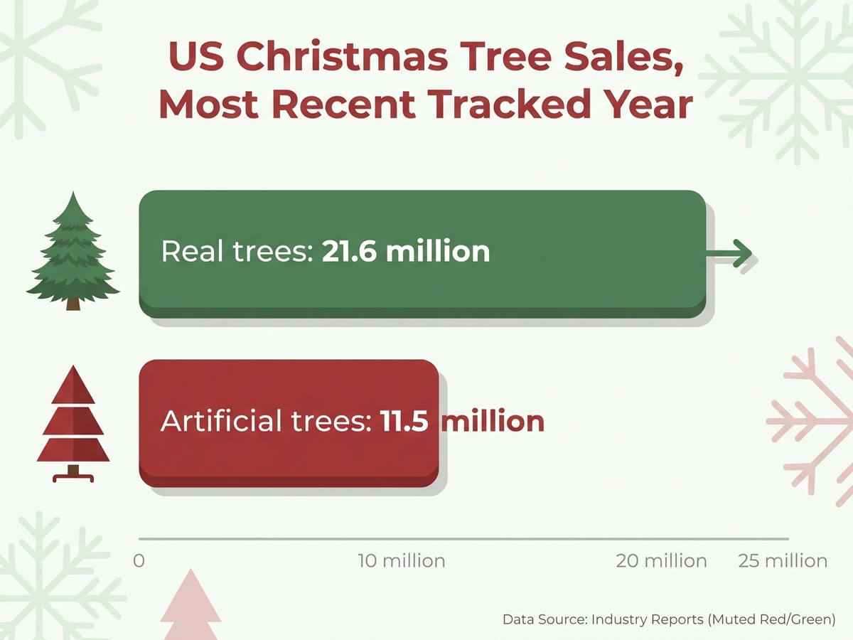 Bar chart infographic comparing US Christmas tree unit sales, real trees at 21.6 million versus artificial trees at 11.5 million, clean flat infographic style, no photos, no people