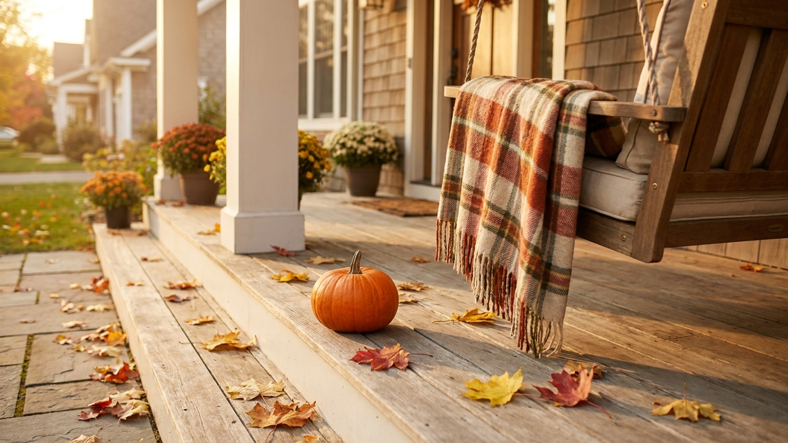 A quiet October porch in late-afternoon light, a small pumpkin on a wooden step, a folded flannel throw on a porch swing, no text, no people