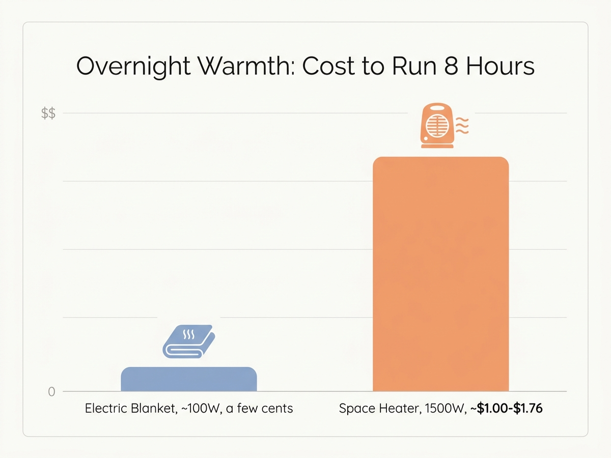 Bar chart infographic comparing overnight running cost in US dollars for an electric blanket at about 100 watts versus a space heater at 1500 watts run for 8 hours, electric blanket a few cents versus space heater about 1 dollar to 1 dollar 76 cents, clean flat infographic style, no photos, no people
