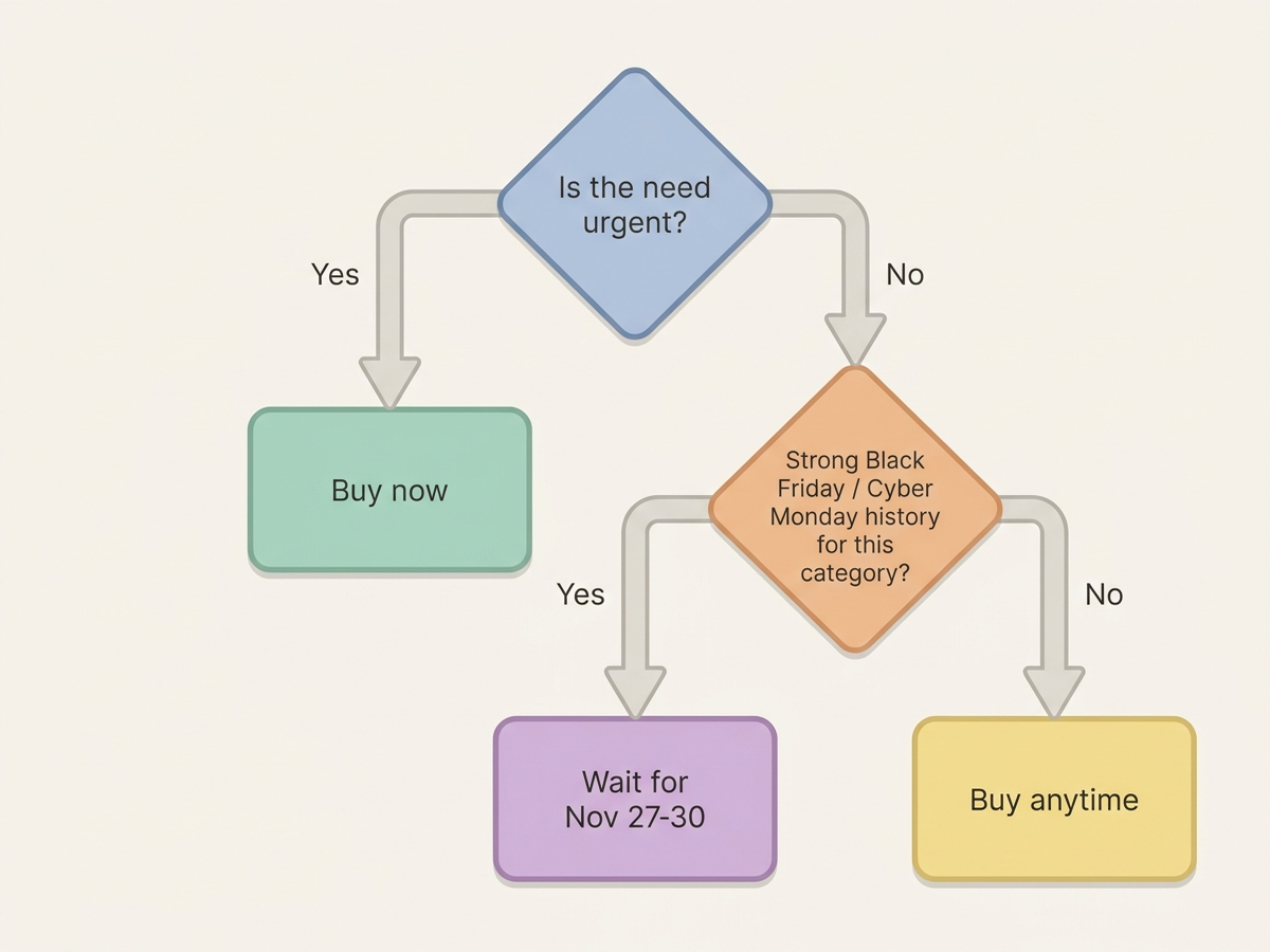 Infographic flowchart helping a shopper decide whether to buy an item now in October or wait, branching from is the need urgent yes buy now to is it a category with a strong historical Black Friday or Cyber Monday discount then wait for November 27 to 30 2026, clean flat design, no people, no photos