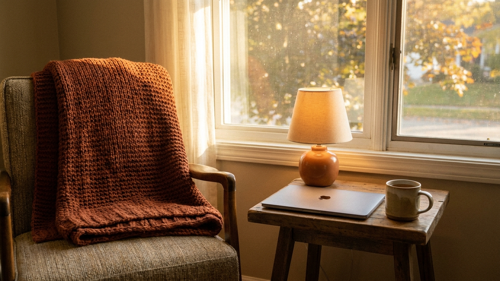 A cozy living room corner in early fall light, a folded throw blanket on an armchair, a small lamp on a side table, a closed laptop nearby, warm natural window light, no text, no people
