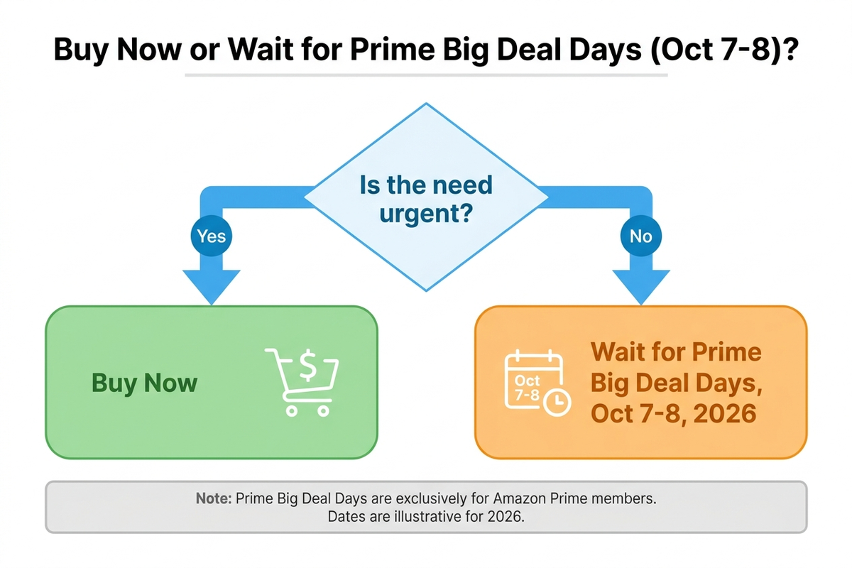 Infographic flowchart helping a shopper decide whether to buy an electronics item now or wait, branching from is the need urgent yes buy now to is the need not urgent then wait for Prime Big Deal Days October 7 to 8 2026, clean flat design, no people, no photos