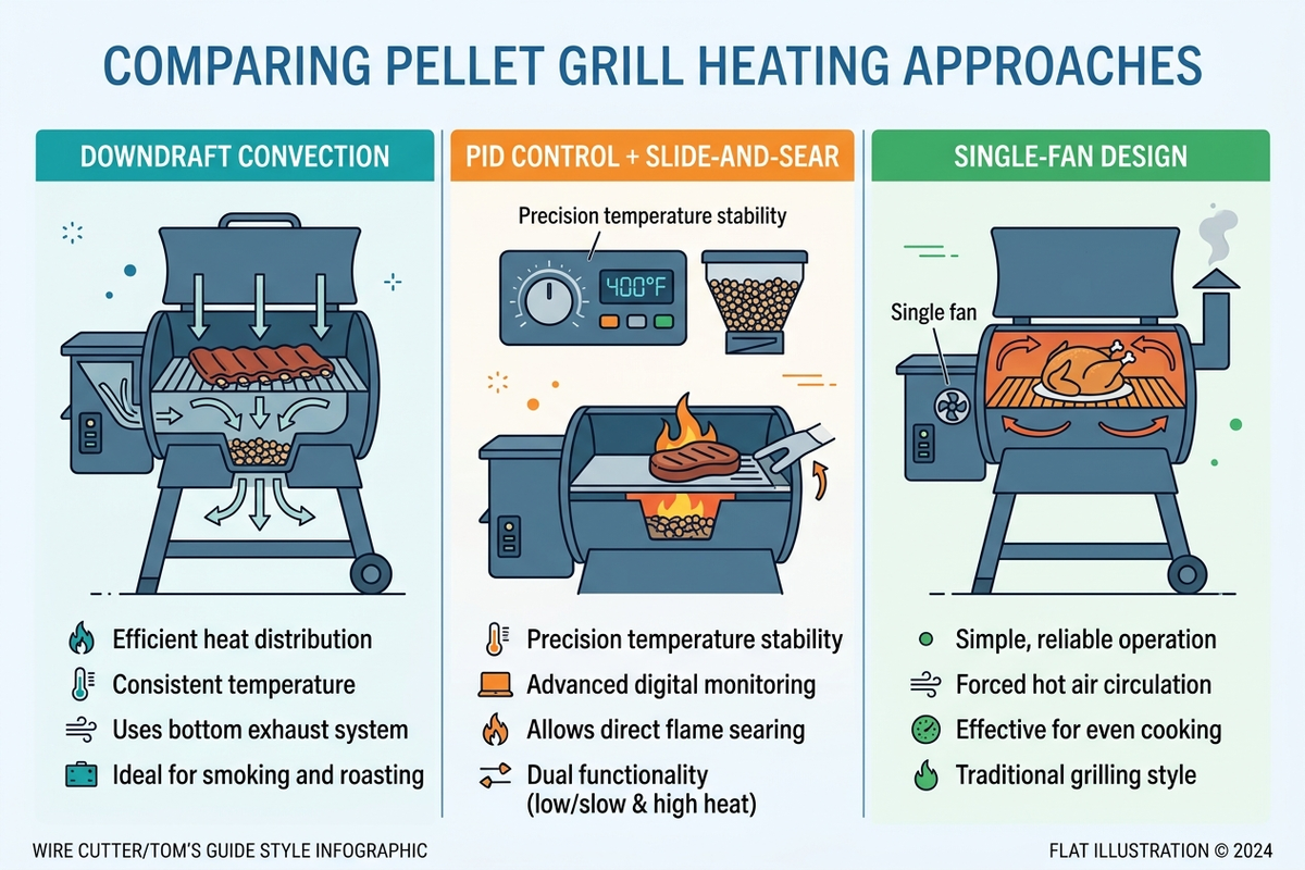 Flat infographic comparing three pellet grill heating approaches: Traeger downdraft convection, Camp Chef PID with slide-and-sear, and Pit Boss single-fan design