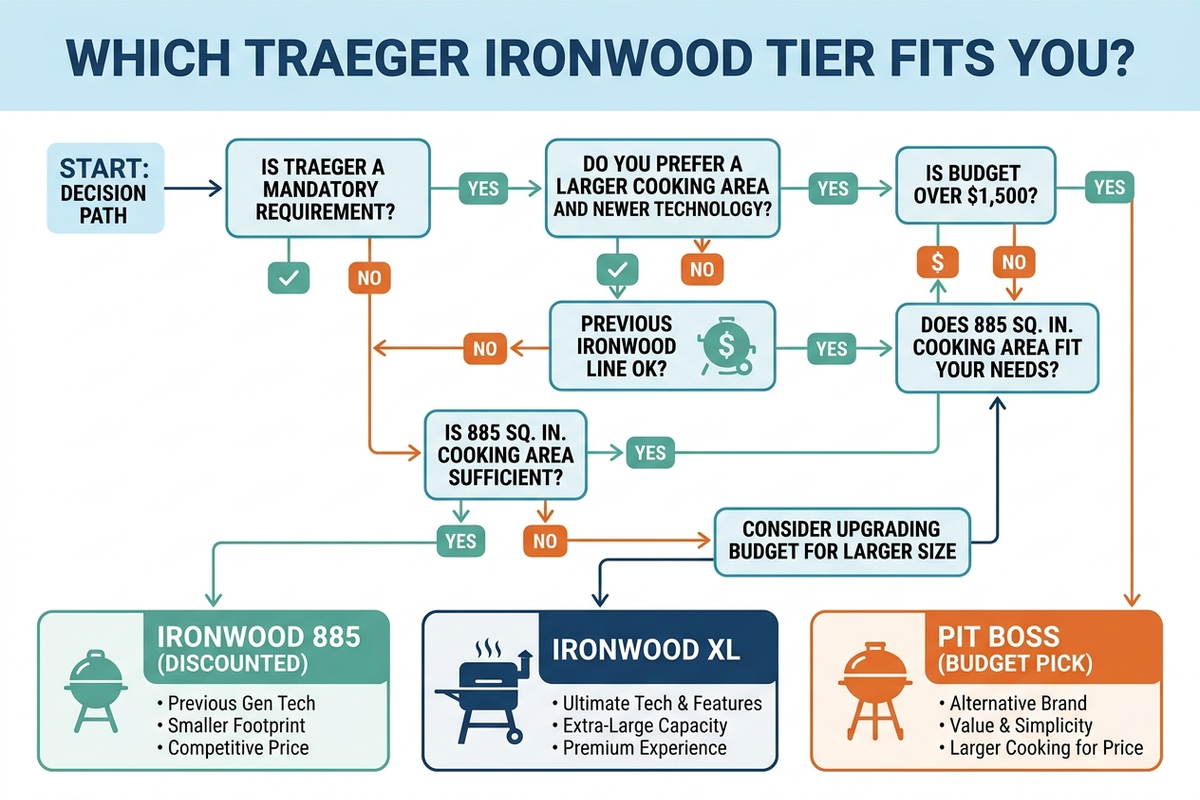 Flat decision flowchart titled Which Traeger Ironwood tier fits you, branching by budget and household size