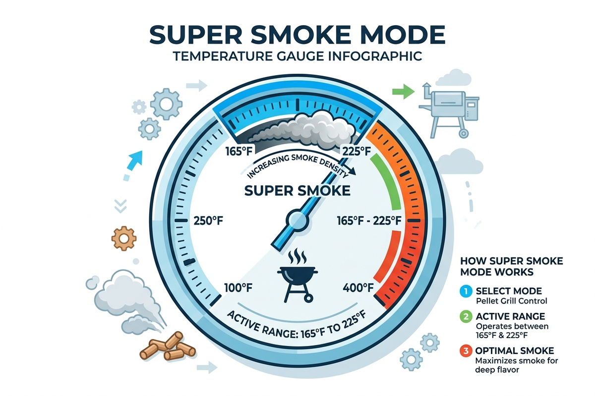 Flat infographic showing a temperature dial labeled Super Smoke Mode active between 165 and 225 degrees Fahrenheit, with smoke density increasing at the low end