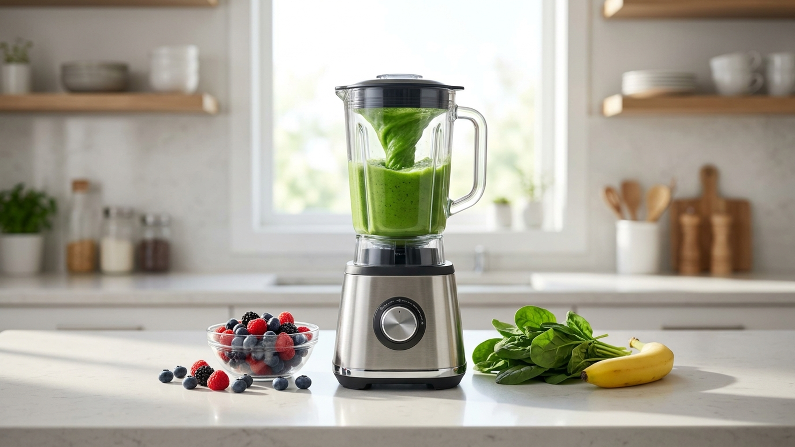 A stainless steel countertop blender making a green smoothie on a bright kitchen counter next to fresh berries, spinach, and a banana