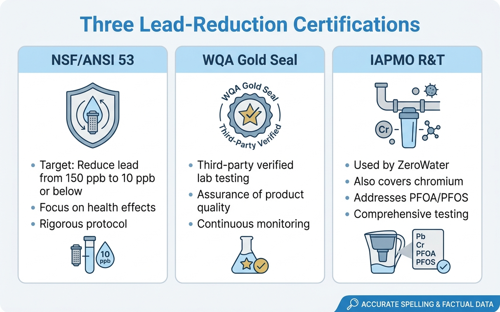 Infographic comparing three lead-reduction certification bodies for water filter pitchers: NSF/ANSI 53 targeting a reduction from 150 ppb to 10 ppb, WQA Gold Seal third-party verified lab testing, and IAPMO R&T also covering chromium and PFOA/PFOS