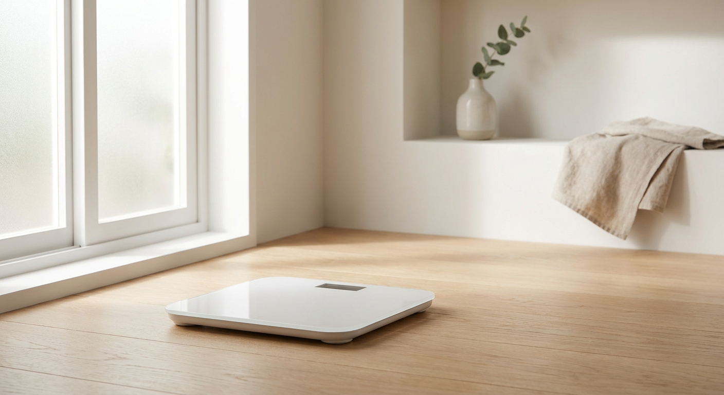 A minimalist white digital bathroom scale on a light hardwood floor in a clean, sunlit bathroom, no people
