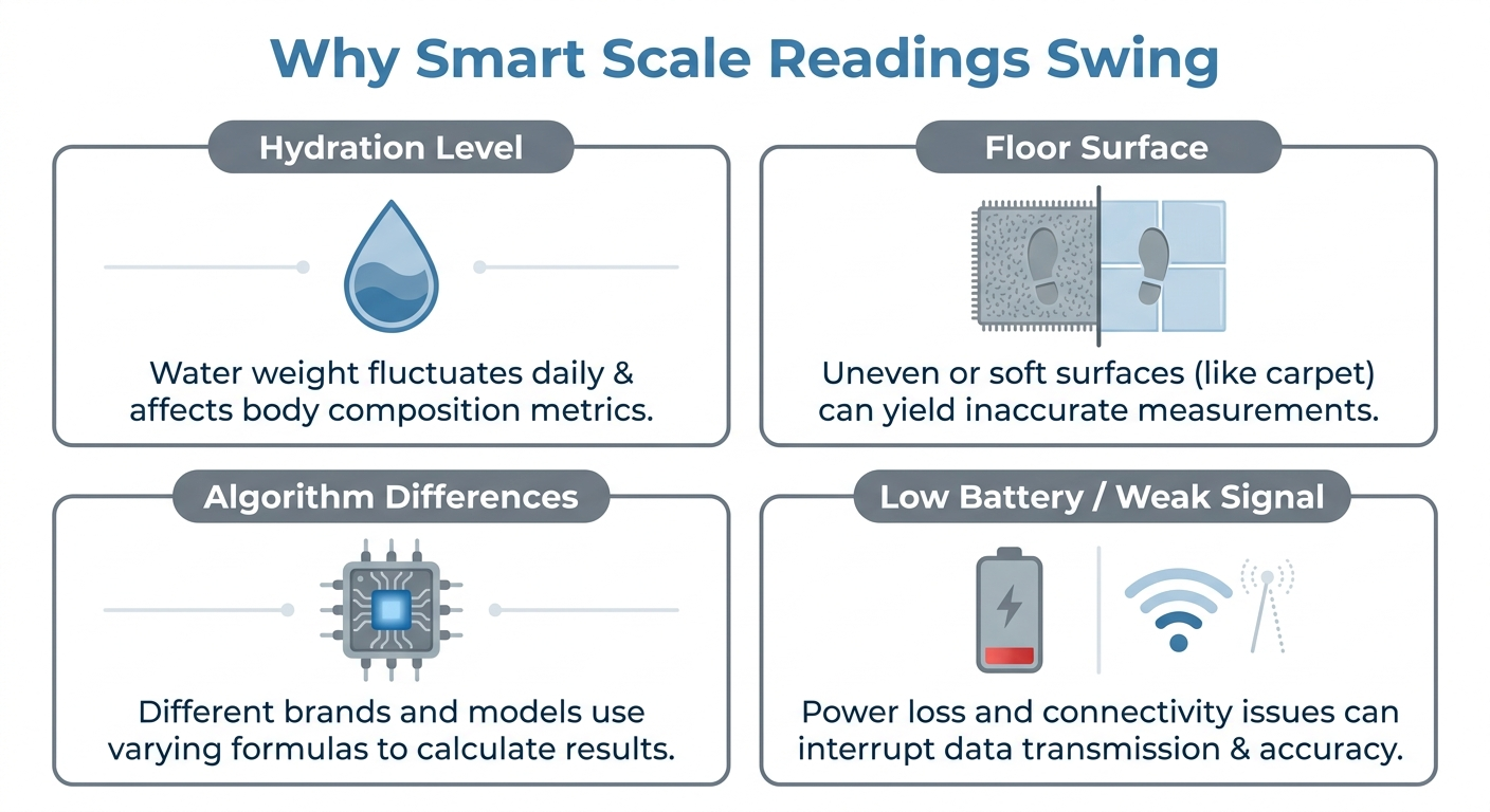 Flat design infographic showing four causes of inconsistent smart scale readings: hydration level, floor surface, algorithm differences, and low battery or weak signal