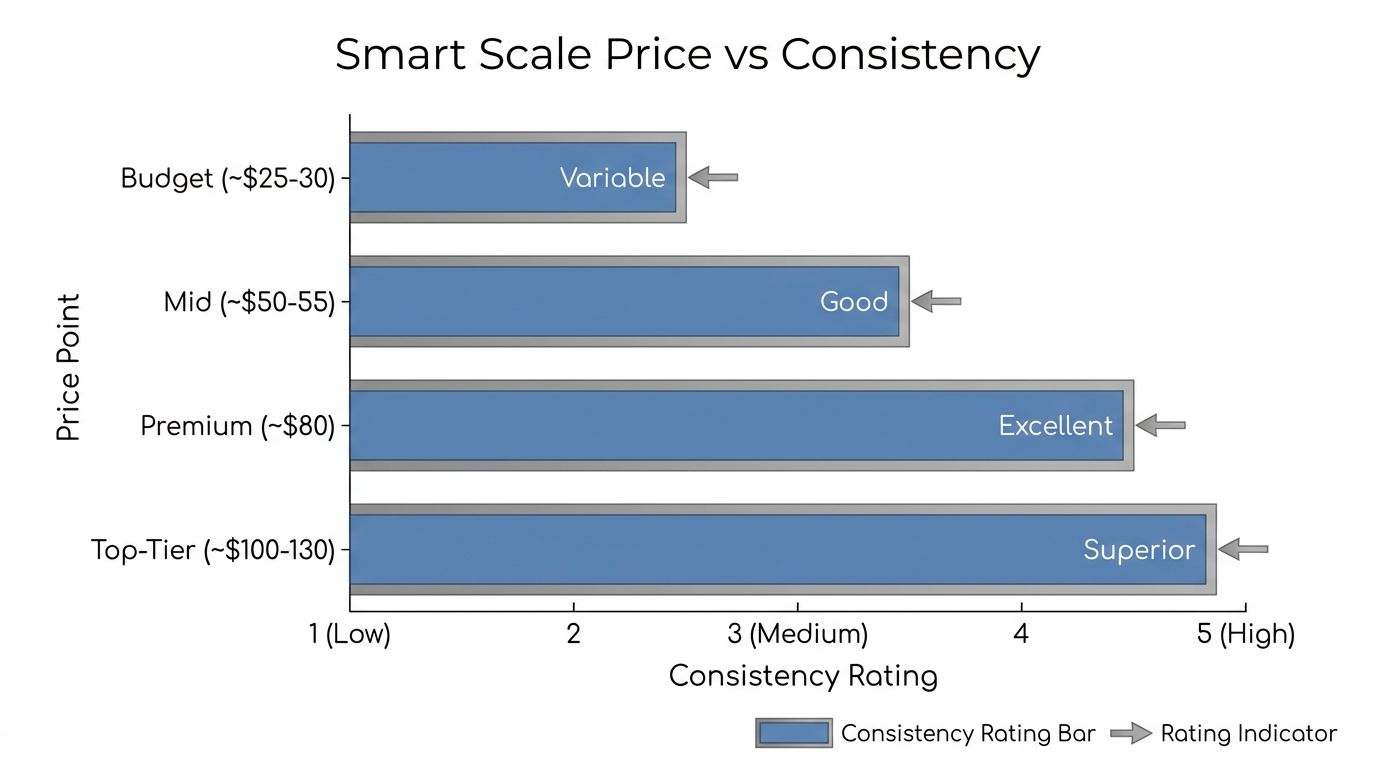 Flat design bar chart infographic comparing smart scale price tiers against consistency, from budget to premium