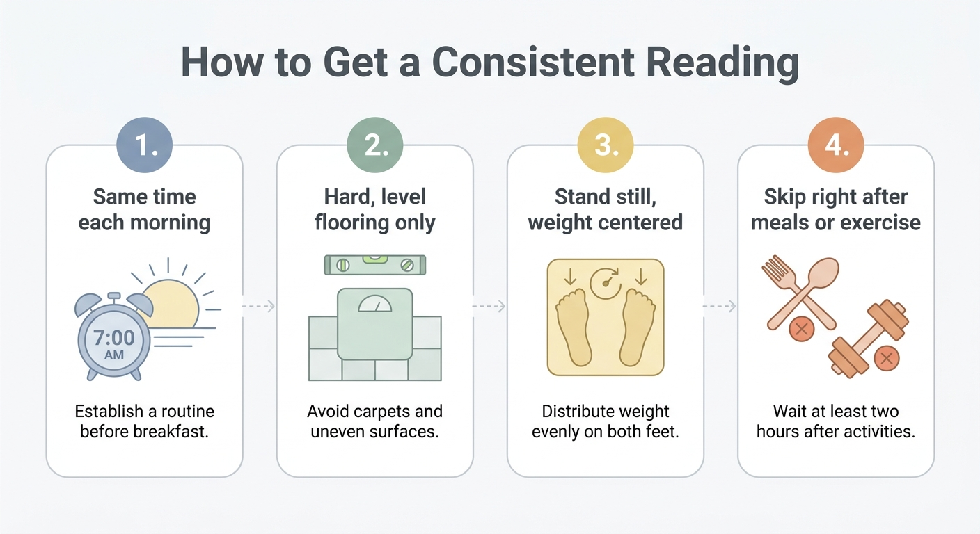 Flat design step-by-step diagram showing four steps to get a consistent smart scale reading: same time each morning, hard level flooring, stand still with weight centered, skip right after meals or exercise