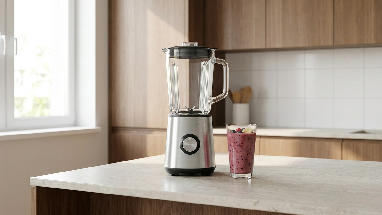 A simple countertop blender on a kitchen counter beside a glass of a smoothie, soft natural light, no people, no visible text