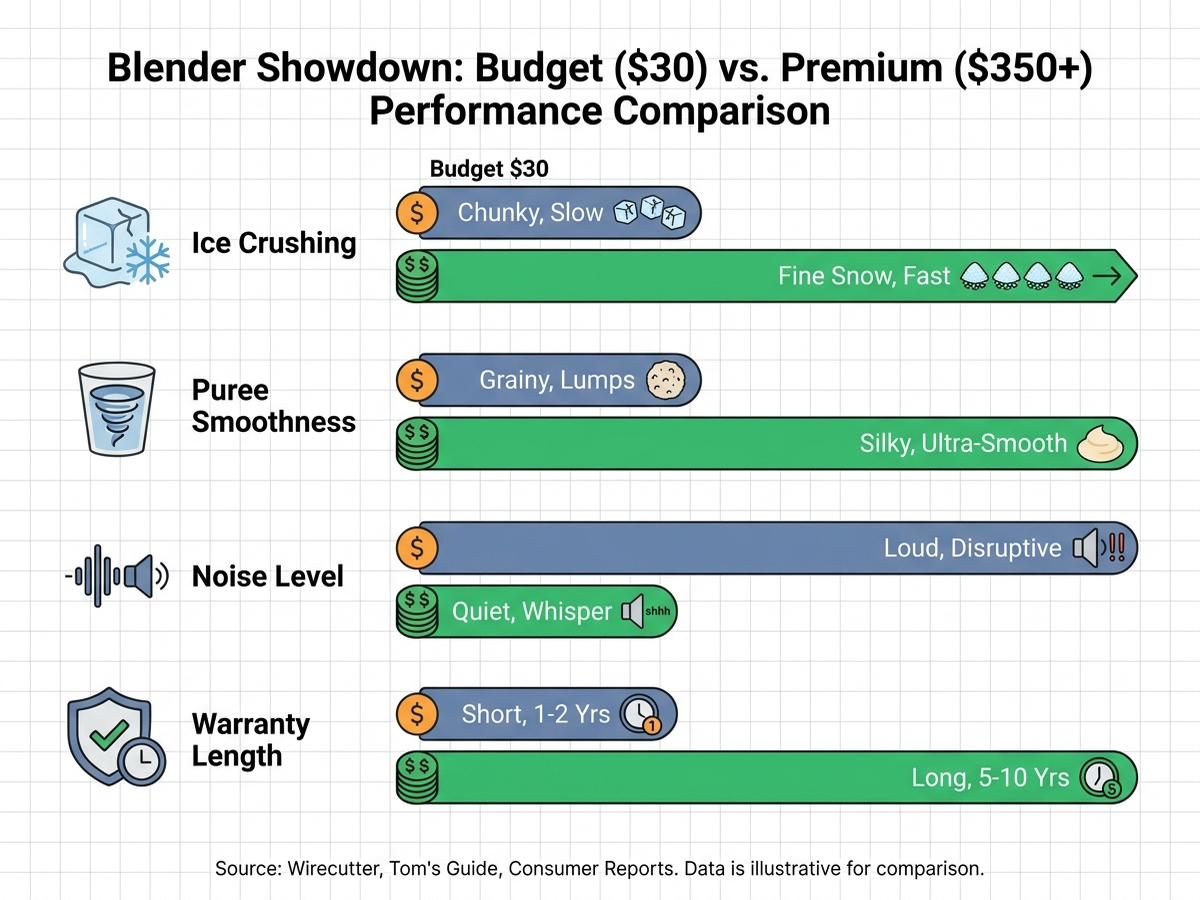 Infographic comparing budget and premium blender performance across ice crushing, purée smoothness, noise, and warranty length