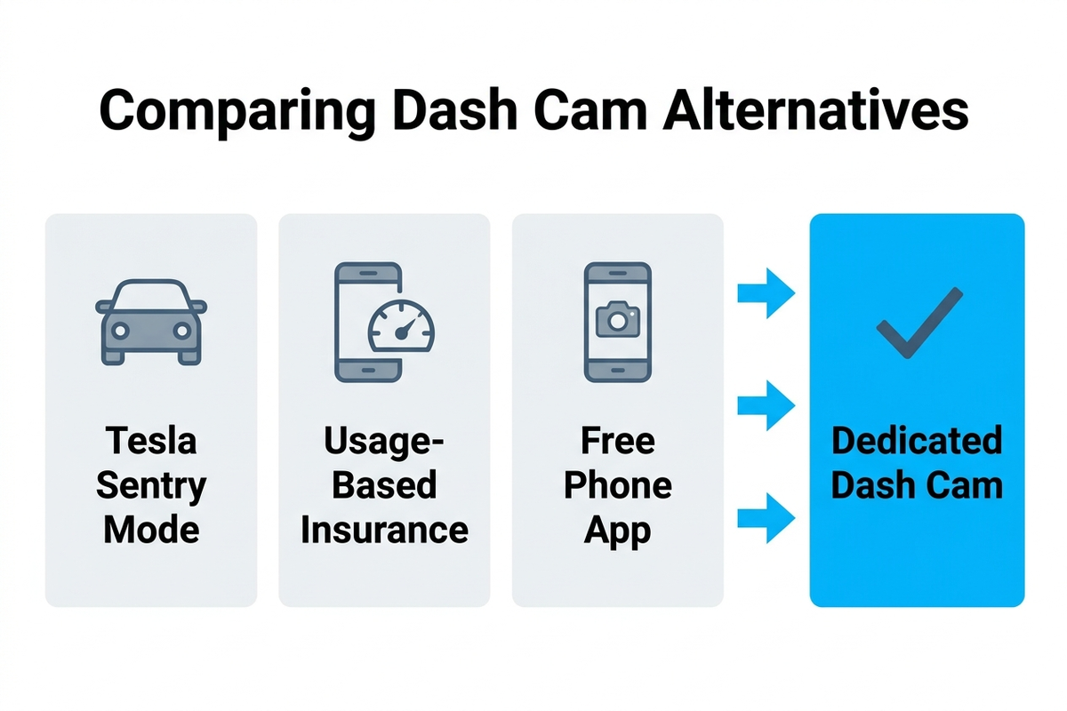 Infographic comparing three dash cam alternatives — Tesla Sentry Mode, usage-based insurance telematics, and a free smartphone app — against buying a dedicated hardware dash cam
